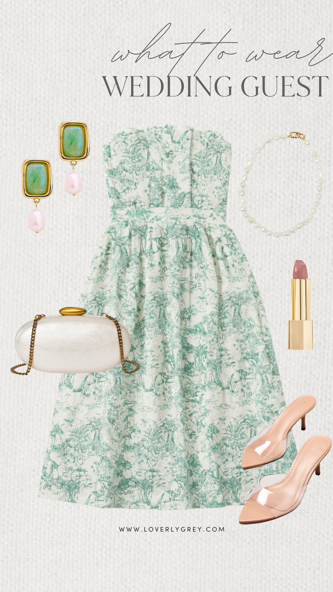 Loverly Grey, what to wear as a wedding guest! This beautiful toile printed dress is a stunning option for a wedding! Pair it with a simple pearl clutch, nude heels, and earrings with a pop of color. Loverly Grey, what to wear, wedding guest 

 #LTKootd #LTKSeasonal #LTKWedding