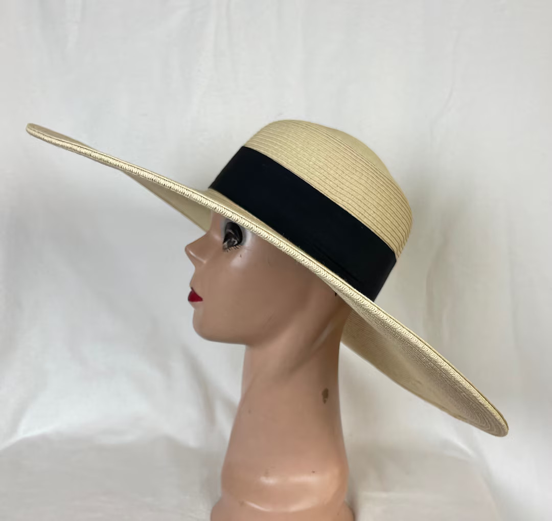 6 Inch Brim Beige Sun Hat With Black Ribbon Band / Flat Brim Sun Hat / Beige Derby Hat / Fashion ... | Etsy (US)