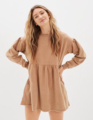 AE Long-Sleeve Fleece Babydoll Mini Dress | American Eagle Outfitters (US & CA)