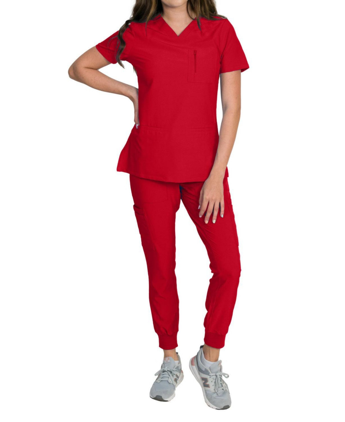 Medgear Women's Fleur Stretch Scrub Set with Zip Chest Pocket Top and Knit Rib Cuffs Jogger Pants - Red | Macy's
