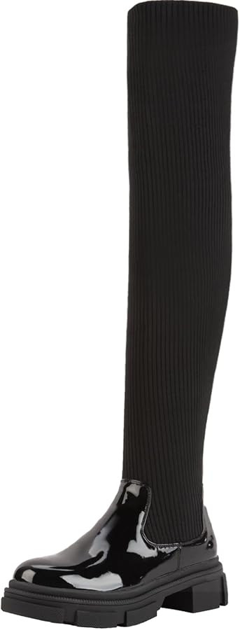 Shoe'N Tale Thigh High Knit Sock Boots Round Toe Mid Chunky Heel Stretch Over the Knee Boots for ... | Amazon (US)