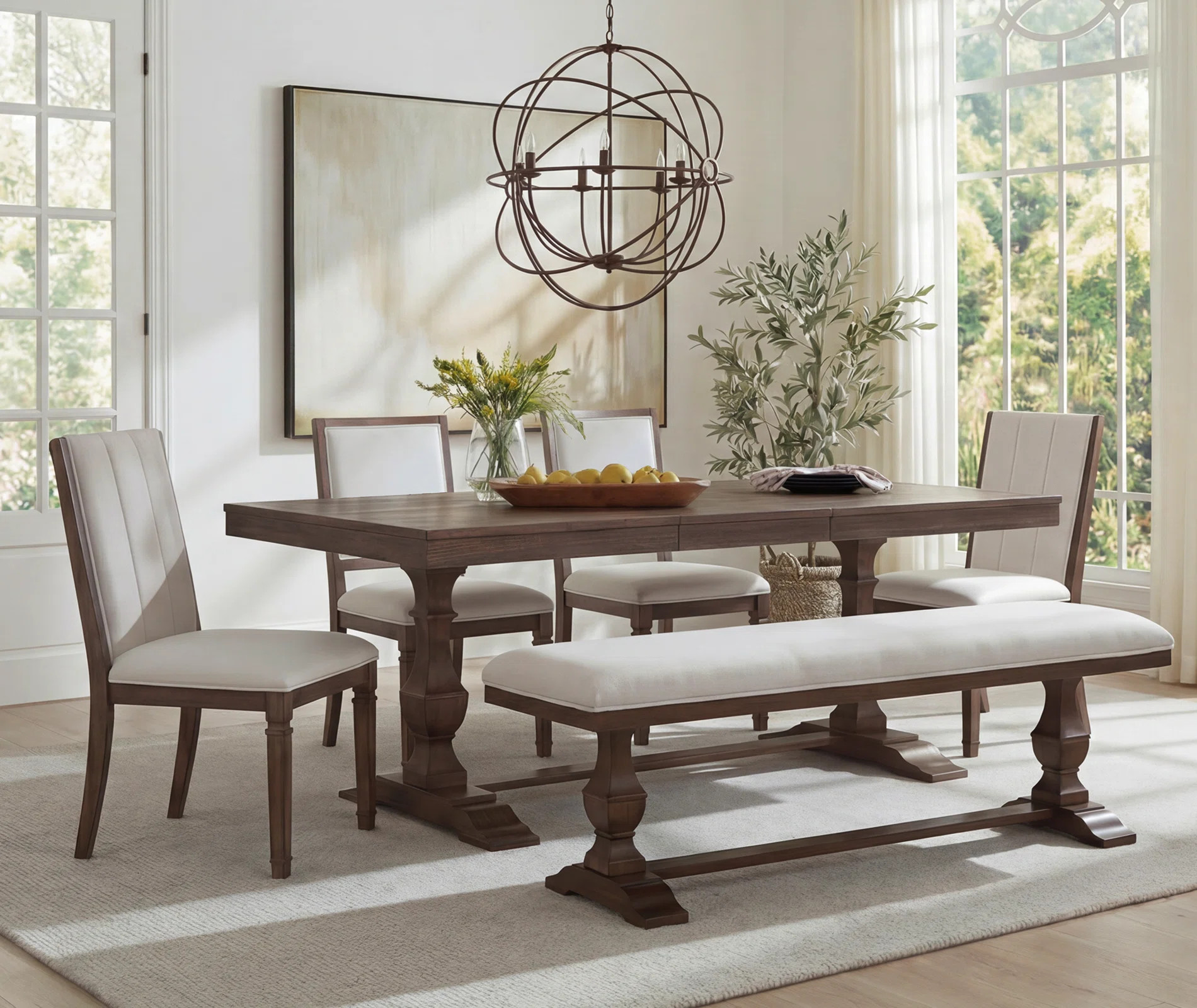 74.8" Rustic Farmhouse Dining Table Set With 1 Bench & 4 Upholstered Chairs (2 Styles), Solid Wood Frame With Turned Decorative Legs, Dining Set For 6 | Wayfair North America
