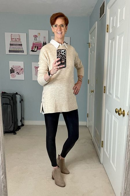 Favorite outfit formula for leggings. Love the tunic length shirt under the long sweater with leggings and boots.

Fall outfit, fall sweater, white shirt, faux leather leggings, boots

#LTKstyletip