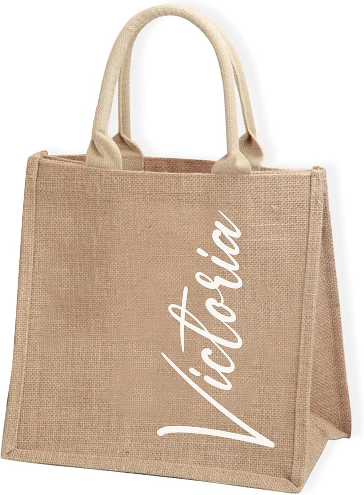 Custom Burlap Tote Jute Bag Personalized Beach Bags Add Your Vertical Text Name Bridesmaid Bachelore | Amazon (US)