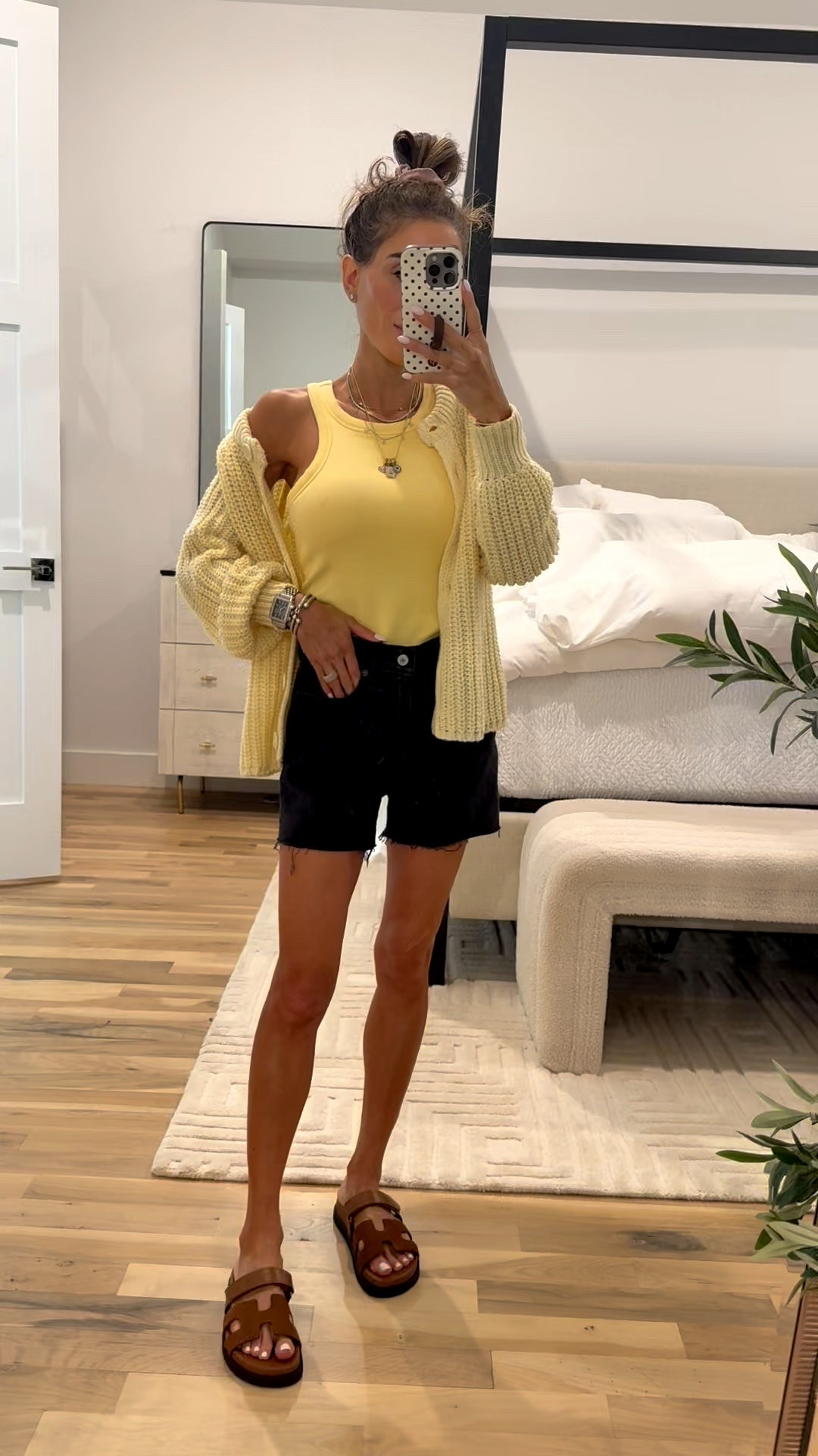 Yellow tank with built in bra and yellow carizgan size xs black denim shorts size 23 

#LTKootd #LTKPetite