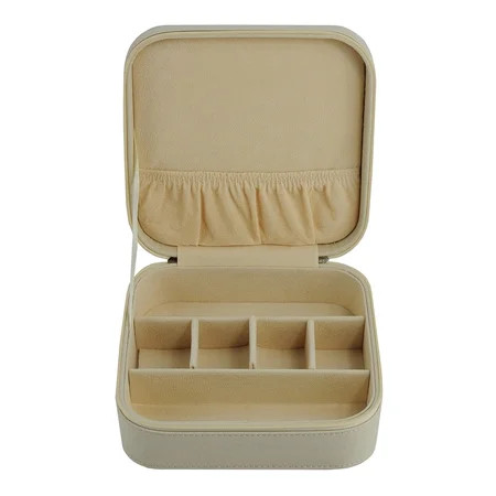 TIMELYBUYS Beige Saffiano 3 Compartment Sunglass Case Jewelry Box Travel Storage Organizer with Pocket Holds Glasses Rings Earrings Necklaces and Accessories | Walmart (US)