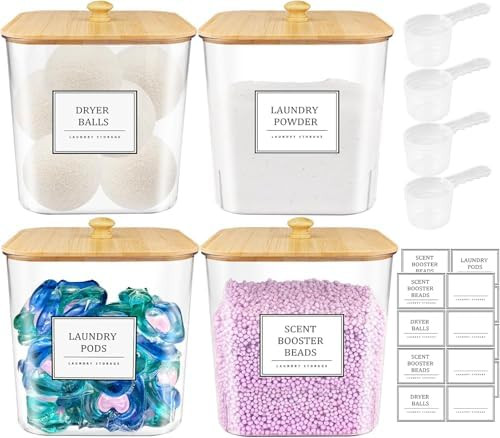 4 Pack Clear Laundry Pod Container, Laundry Room Organization Containers with Wooden Lids & Label... | Amazon (US)