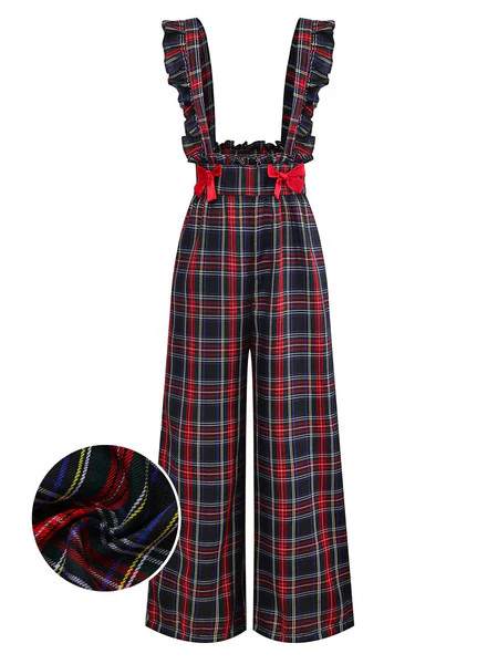 Black 1940s Tartan Plaid Ruffled Bow Overall Pants | Retro Stage