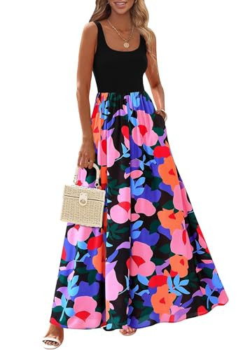 KIRUNDO Women Summer Sleeveless Boho Floral Maxi Dress 2026 Scoop Neck Tank A Line Flowy Beach Vacation Resort Wear Sundress(Floral Black Multicolored, Small) | Amazon (US)