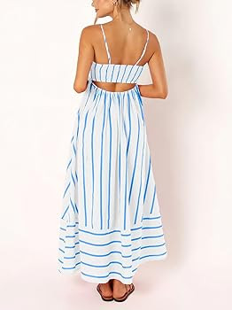 chouyatou Women's Striped Back Smocked Maxi Dress Sexy Spaghetti Strap Cut Out Flowy Swing Long D... | Amazon (US)