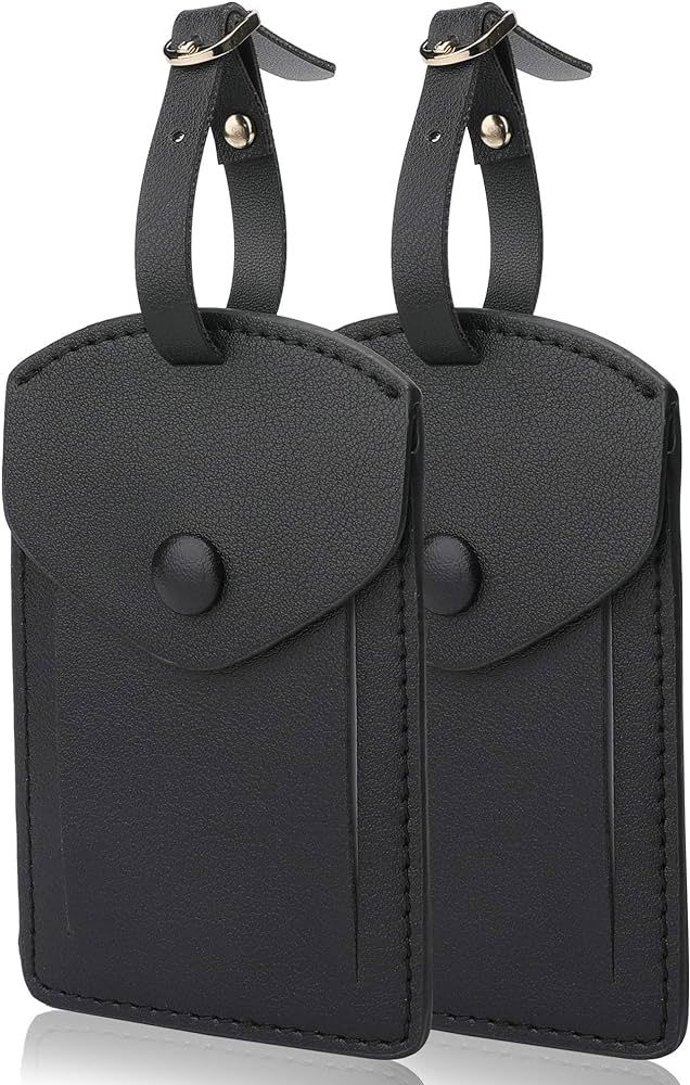 Kevancho Leather Smart Luggage Tags for Men Women, Suitcase Labels Baggage Tote Bag Tag ID Tags with Full Back Privacy Cover for Carnival Cruise Ship, Travel Accessories Tags Set of 2 PCS (Black) | Amazon (US)