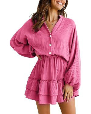 ONIRIKE Women Long Lantern Sleeve V Neck Button Down Ruffle Tiered Solid Swing Mini Dress | Amazon (US)