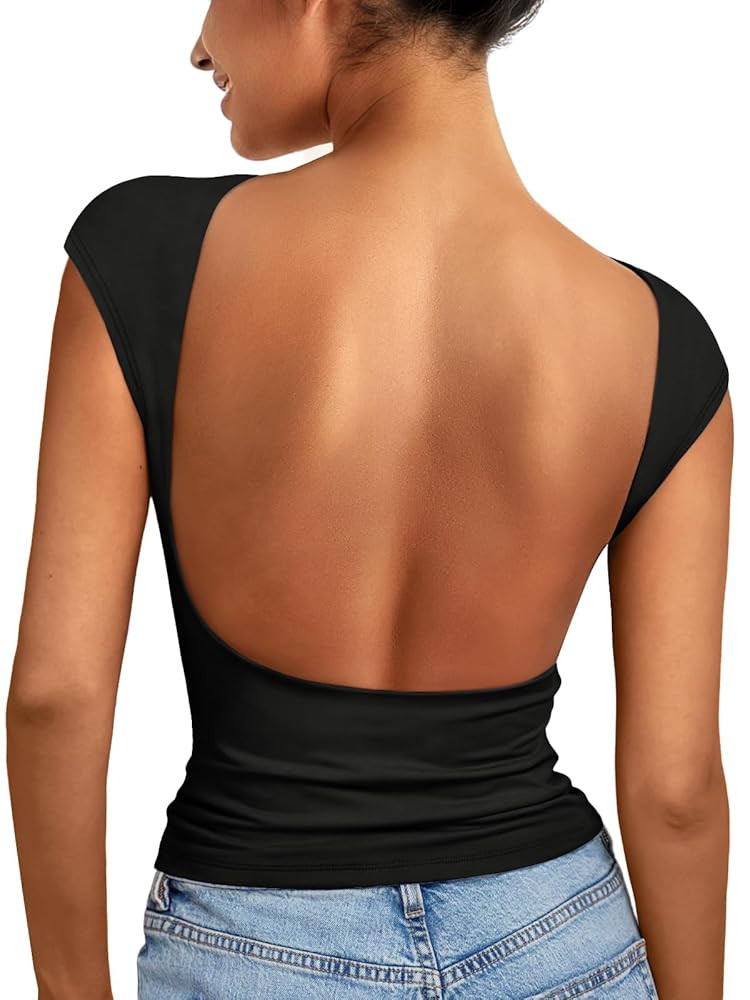 EFAN Womens Backless Tops Open Back Shirts Summer Crop Shirts Short Sleeve Cute Clothes Y2k Cloth... | Amazon (US)