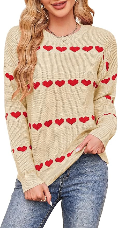 ECOWISH Women's Long Sleeve Sweater - Fall Heart Crewneck Oversized Knit Valentines Pullover Tren... | Amazon (US)