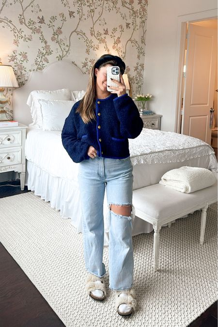 Another cozy fall outfit for working from home! 

Cardigan small
Jeans 25 xshort 
Shoes 38 usually 7.5, tts