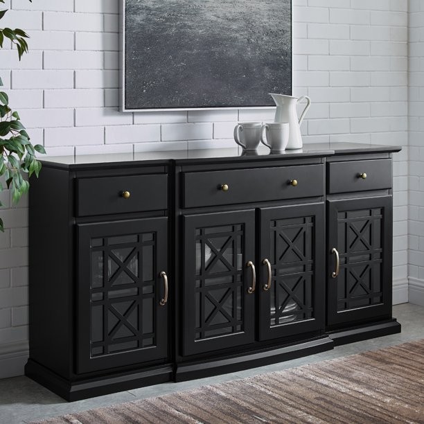 Manor Park Classic Tiered-Front Glass Door Fretwork Sideboard, Black | Walmart (US)