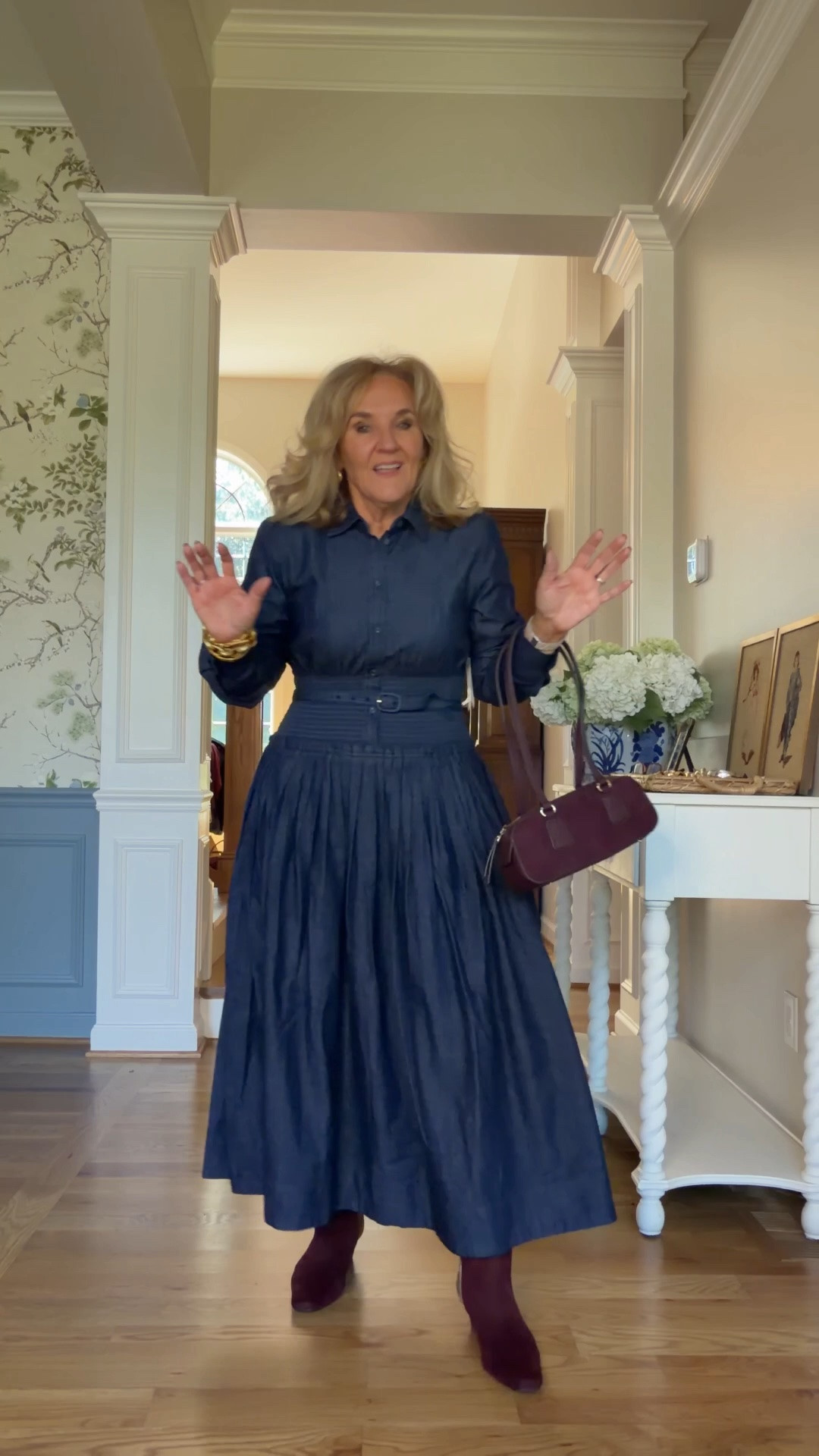 Denim dress that’s really high-quality. I’m 5 foot three and because of the long sleeves and the long dress and the high neck it just feels like it’s too much for my height in my size. It does come in a really pretty poplin check and I have that and love it, however, this denim dress is not for someone as short as I am.

#LTKOver40 #LTKPetite #LTKootd