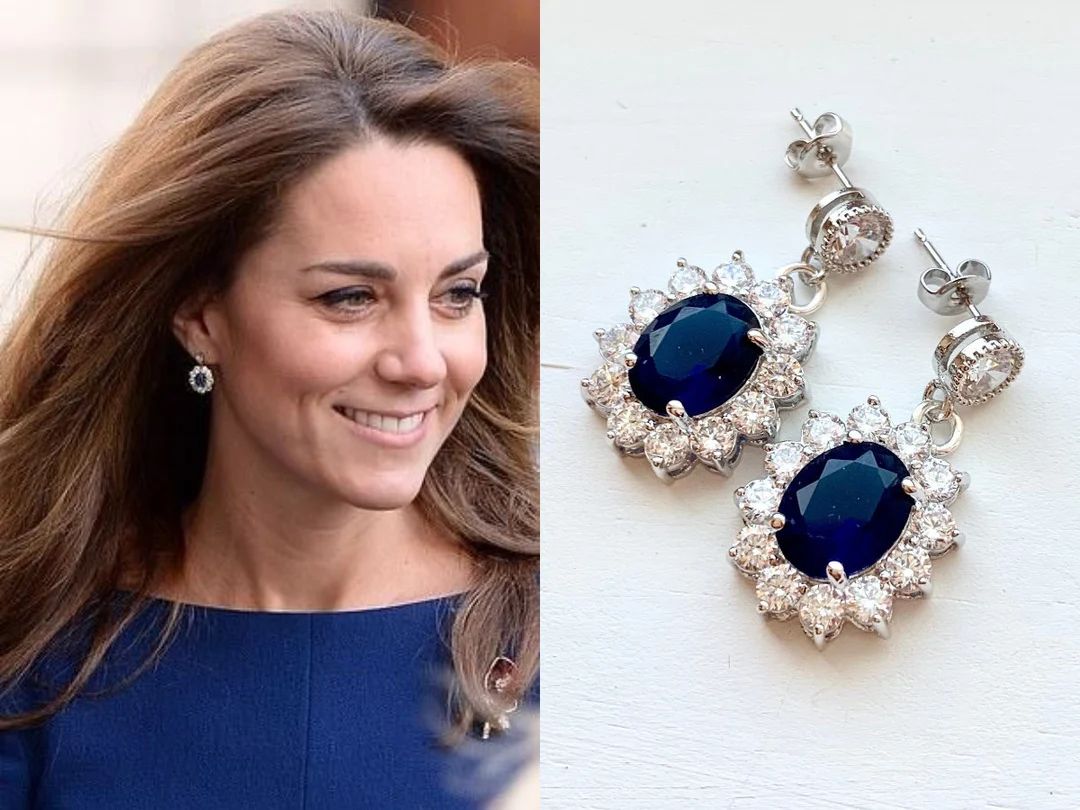 Kate Middleton Sapphire Blue Crystal Cubic Zirconia Flower Drop Silver Oval Replikate Princess Di... | Etsy (US)