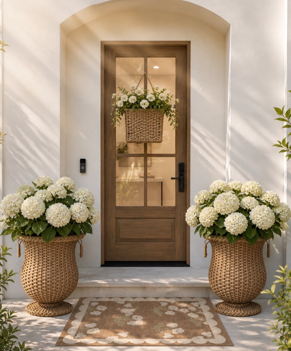 Front door decor, rattan planters, front door mat
