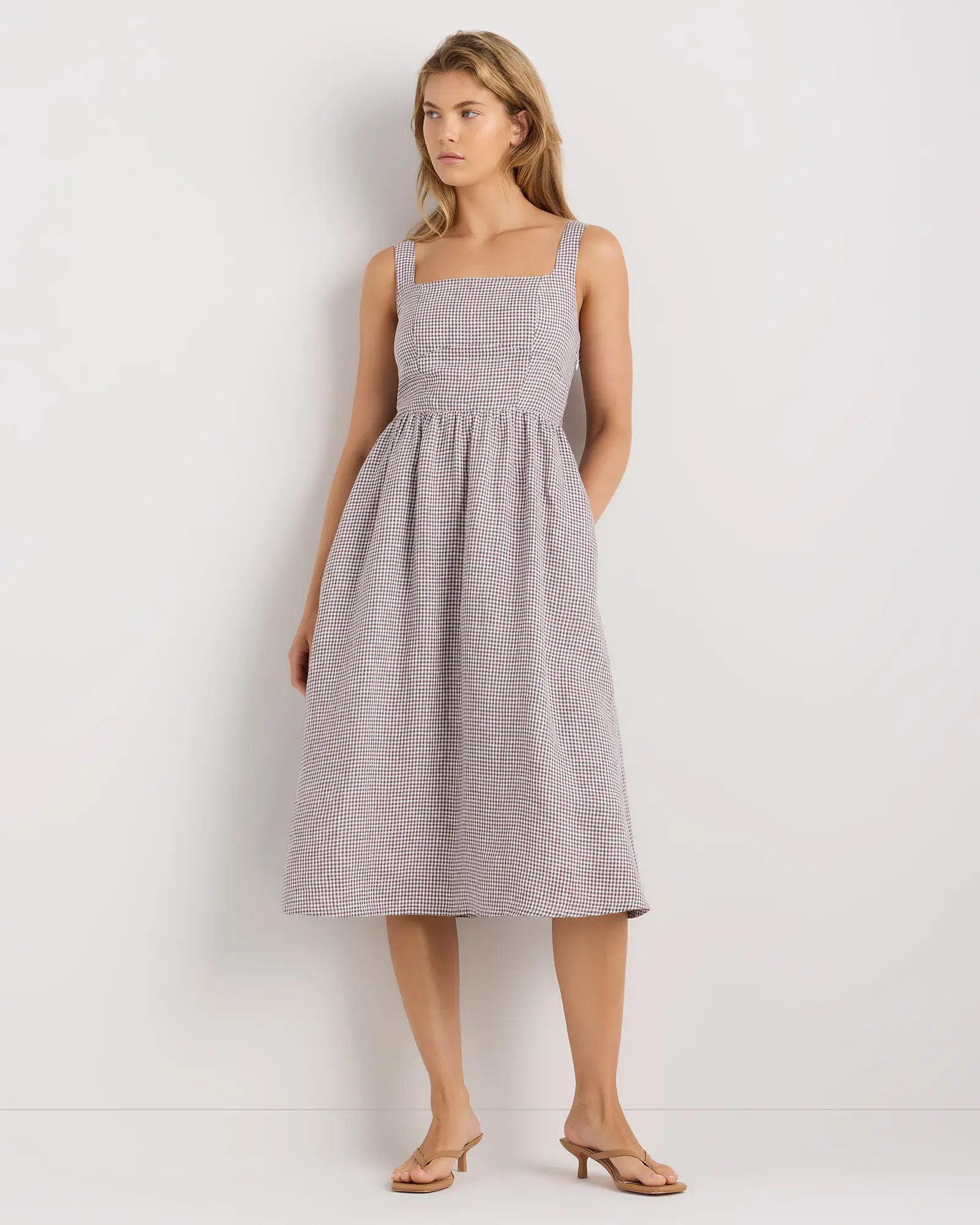 100% European Linen Fit & Flare Midi Dress in Taupe Brown Gingham | Quince