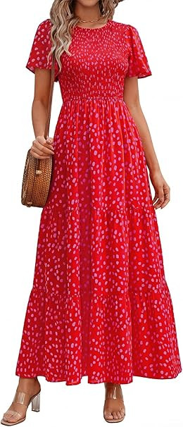 PRETTYGARDEN Women's 2026 Summer Casual Flutter Short Sleeve Boho Floral Maxi Dress Crew Neck Smo... | Amazon (US)