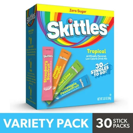 Skittles Zero Sugar Variety Pack Singles-to-Go Powdered Drink Mix, Tropical, 30 Count Packets | Walmart (US)