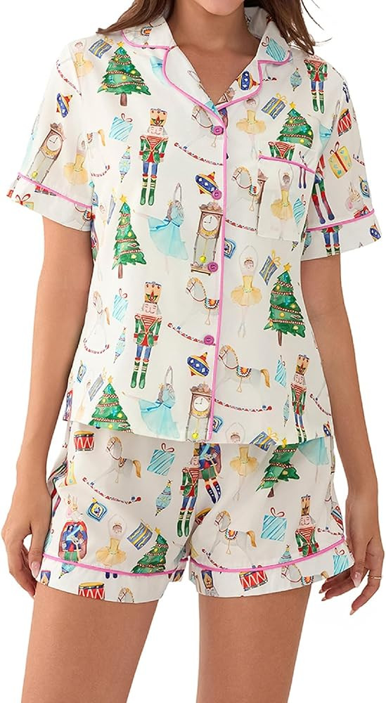 Aonoapll Women Christmas Pajama Set Nutcracker Printed Short Sleeve Button Shirt and Shorts 2 Pie... | Amazon (US)