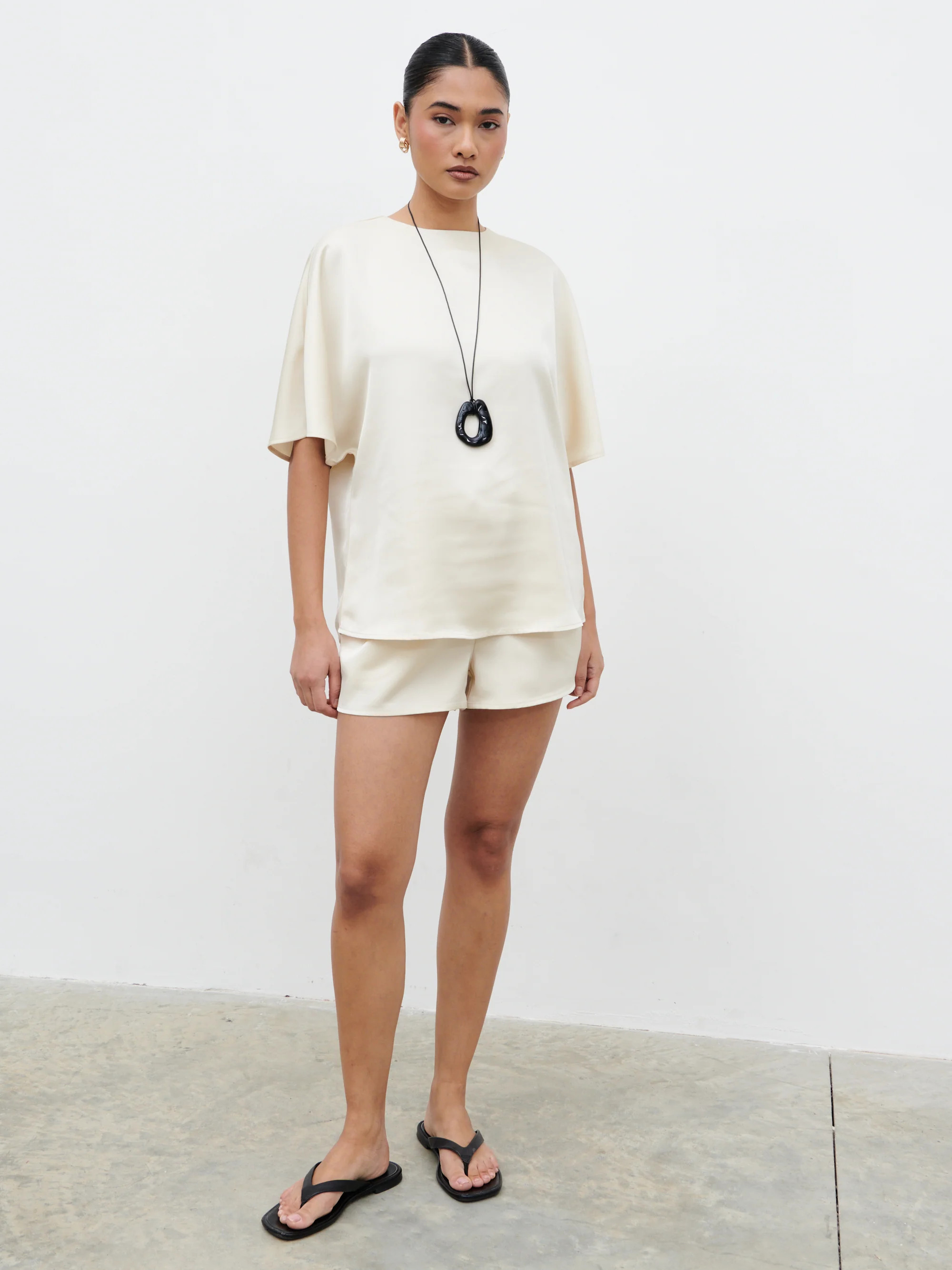 Breya Boxy Satin T-shirt - Oyster | Pretty Lavish (UK)