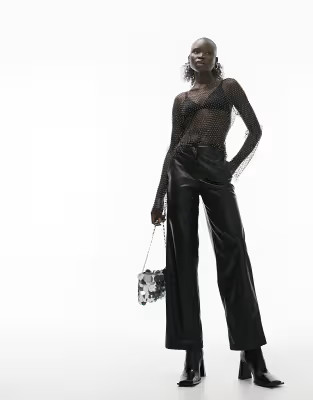 Topshop Petite faux leather wide leg trouser in black | ASOS (Global)