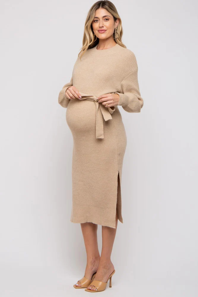 Beige Side Slit Maternity Sweater Midi Dress | PinkBlush Maternity