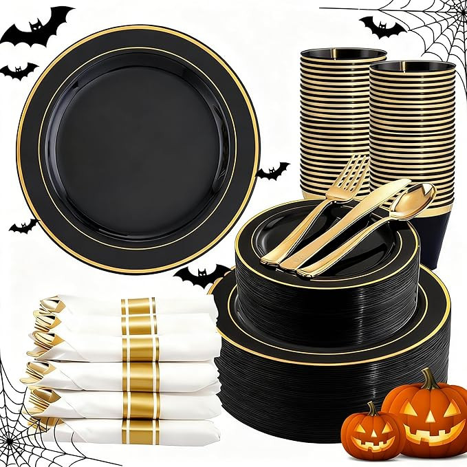 350 Pieces Black and Gold Plastic Plates with Disposable Silverware, Include 50 Dinner Plates 9... | Amazon (US)