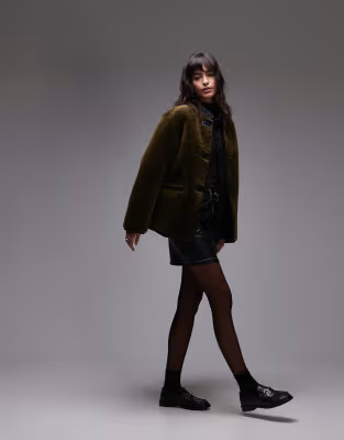 Mango contrast detail collarless shearling jacket in dark green | ASOS (Global)