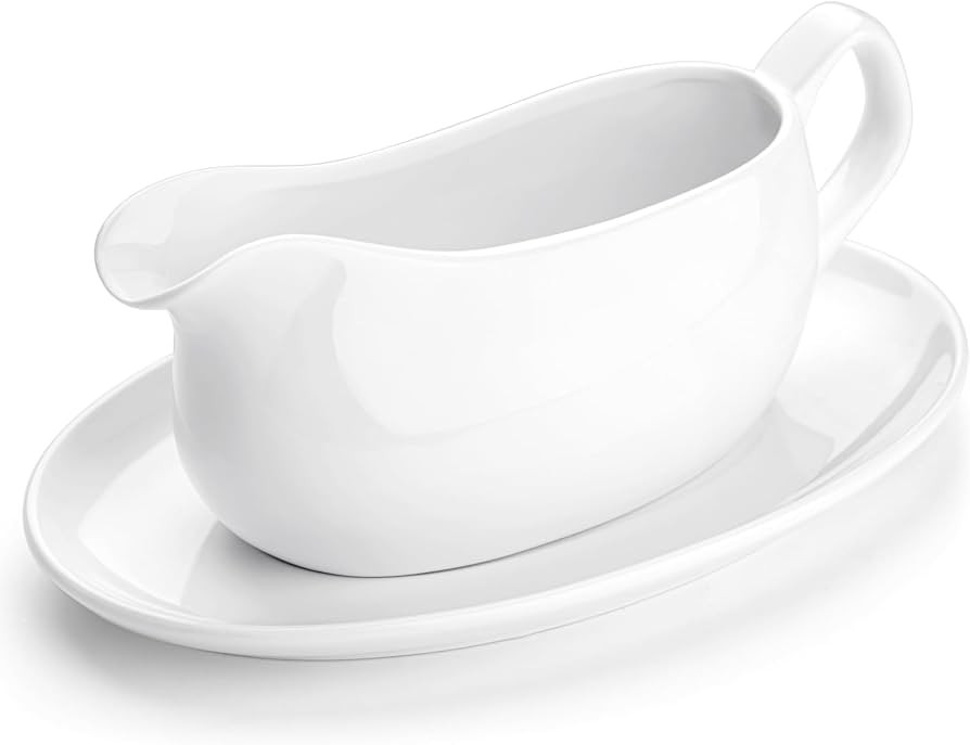 Nucookery Large 17 Oz Gravy Boat with Saucer, White Fine Porcelain Saucier With Big Dripless Lip ... | Amazon (US)