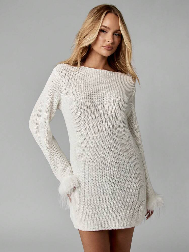 MISSGUIDED Elegant Knit Sweater Dress With Fur Cuff Detail Winter Party Mini Length Ribbed Texture Cozy Holiday Evening Wear | SHEIN