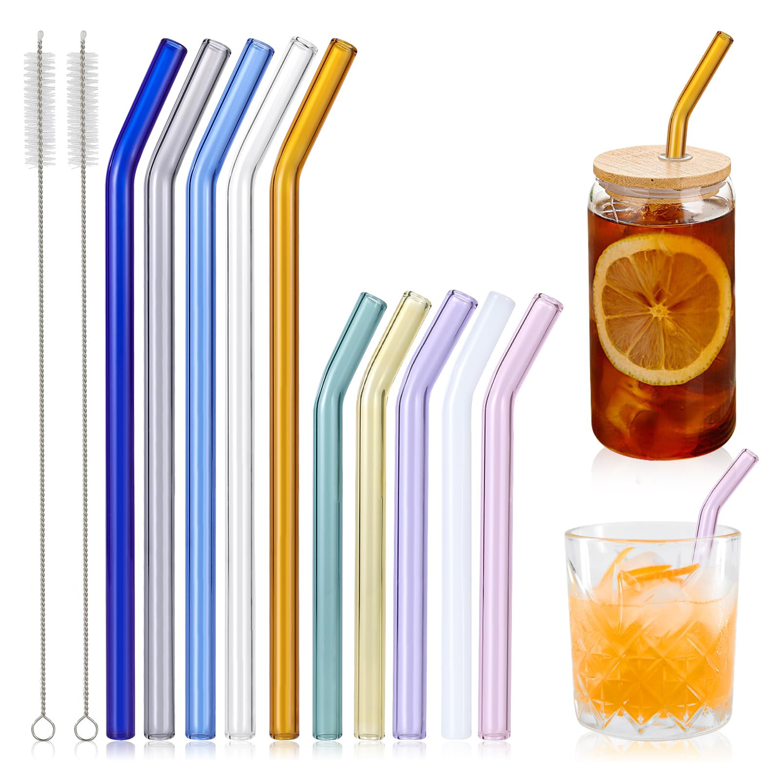 10 Pcs Reusable Colorful Bent Glass Straws,Size 9''x10mm and 6''x10mm Cute Short Glass Straws Sha... | Amazon (US)