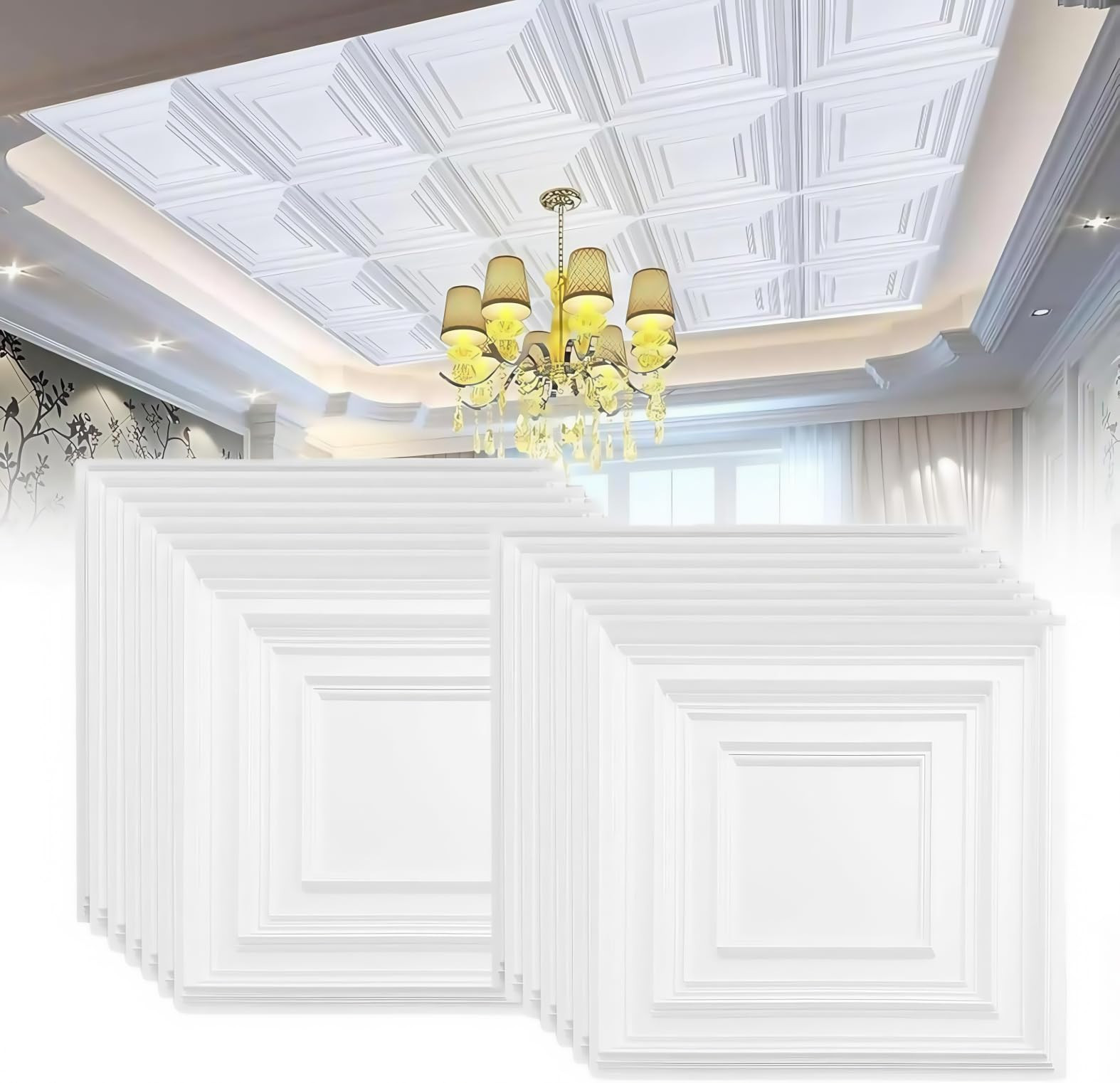 24Pcs 2ft x 2ft Drop Ceiling Tiles, 24 x 24in White Preimum PVC Glue Up Ceiling Panel, Waterproof... | Amazon (US)