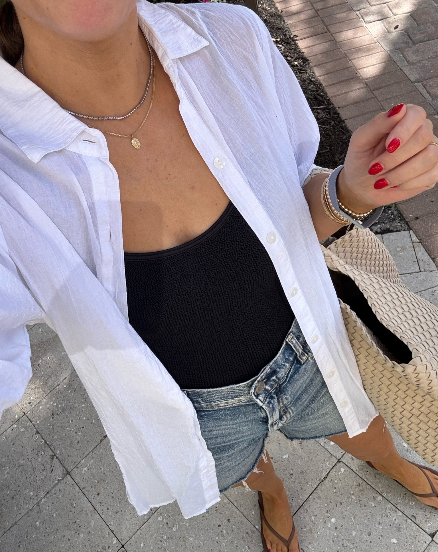 Beach day outfit! Love this classic white button down coverup! One piece suit is one size fits all, size 27 in the denim cutoffs. 

#LTKover40 #LTKswim #LTKfindsunder100