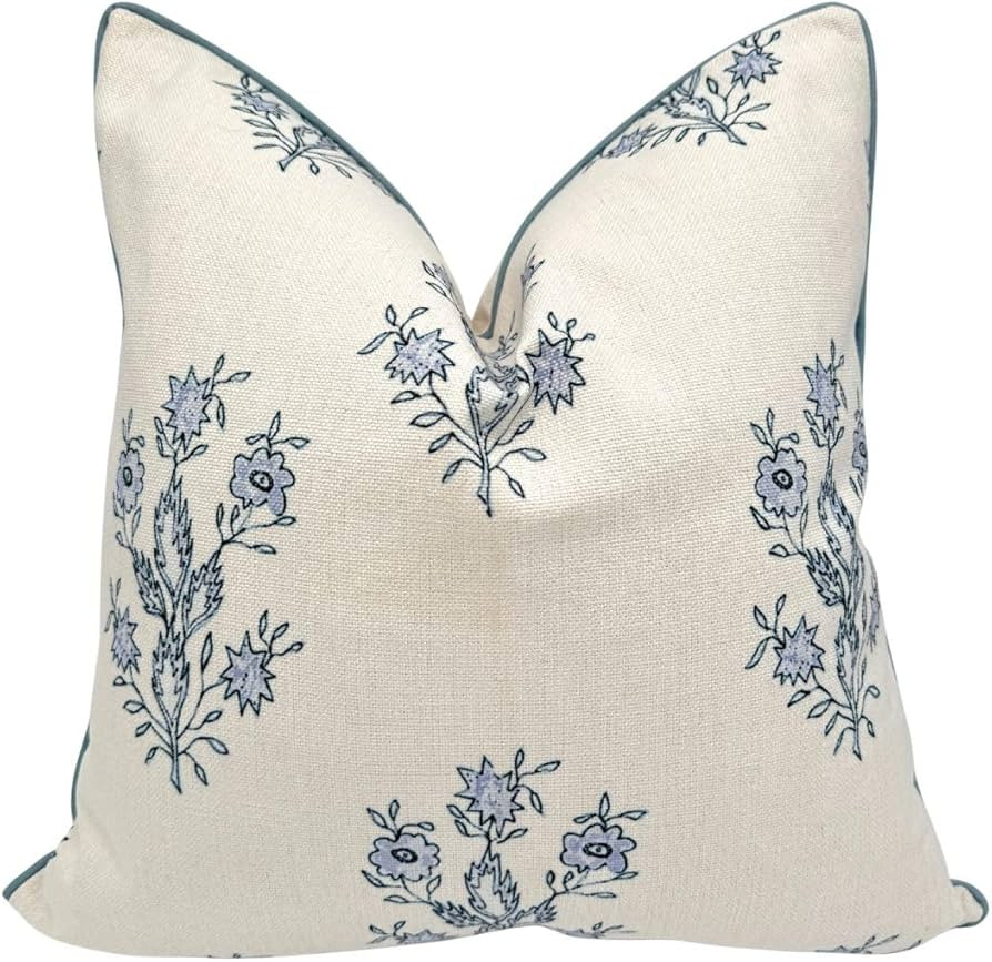 “The Mary” Periwinkle Floral Block Print Pillow Cover – Blue and Off-White Decorative Throw... | Amazon (US)