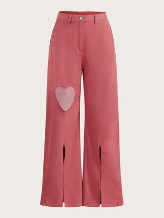 SHEIN MOD Heart Pattern Split Hem Wide Leg Jeans | SHEIN
