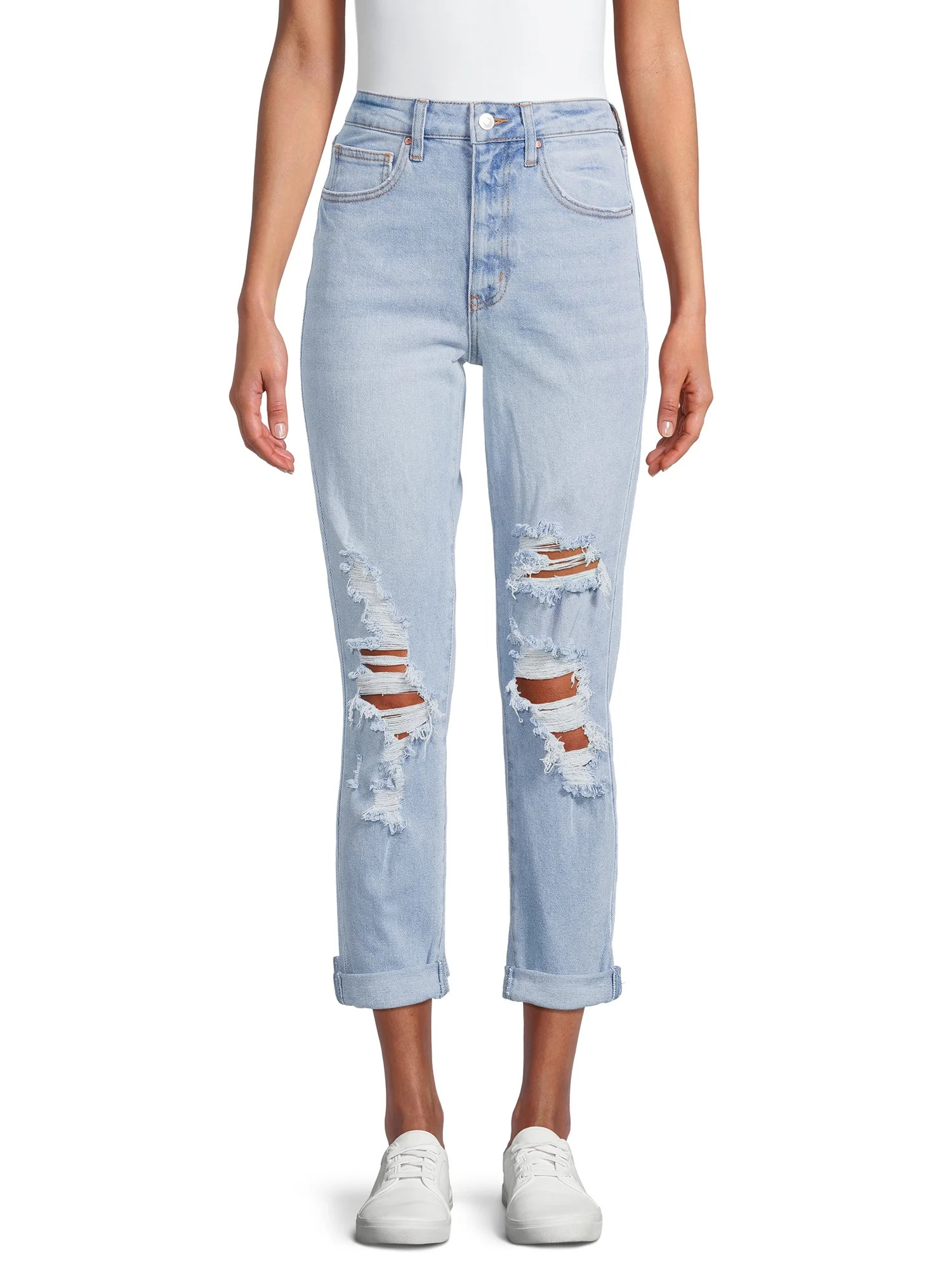 No Boundaries Juniors’ High Rise Destructed Girlfriend Jeans - Walmart.com | Walmart (US)