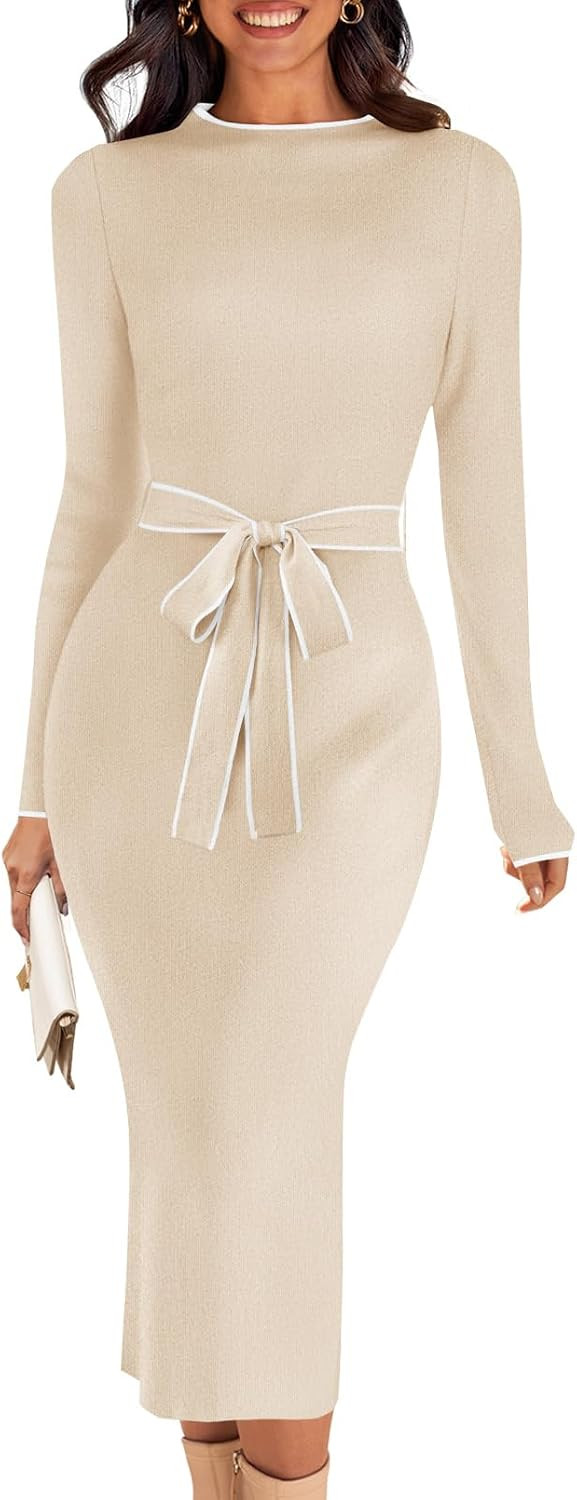 MEROKEETY Women's Fall Long Sleeve Bodycon Tie Waist Midi Sweater Dress | Amazon (US)