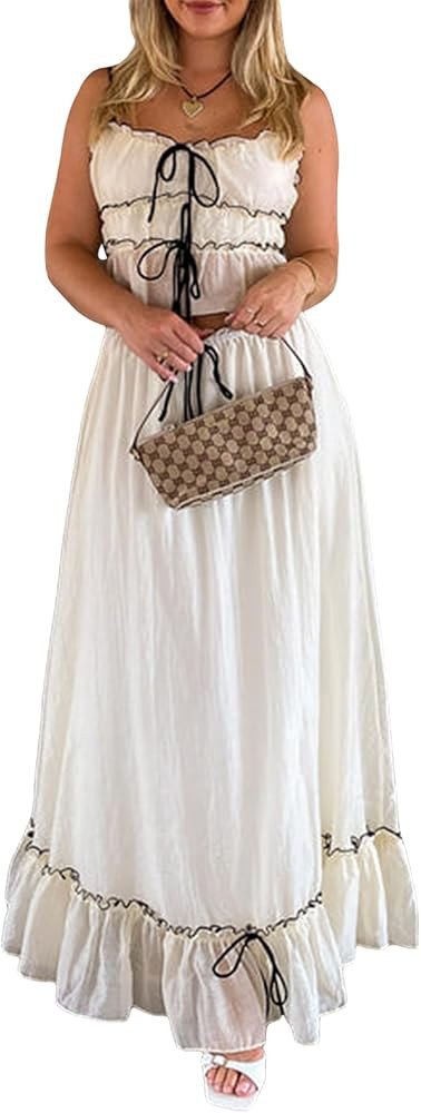 Womens 2 Piece Maxi Skirt Set Y2k Patchwork Front Tie-Up Ruched Ruffle Camisoles Long Skirts Set ... | Amazon (US)