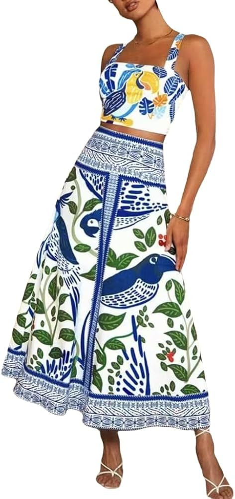 Amazon.com: THLAI Skirt Sets Women 2 Piece Outfits Tropical Floral Print Crop Top and A-line Maxi... | Amazon (US)