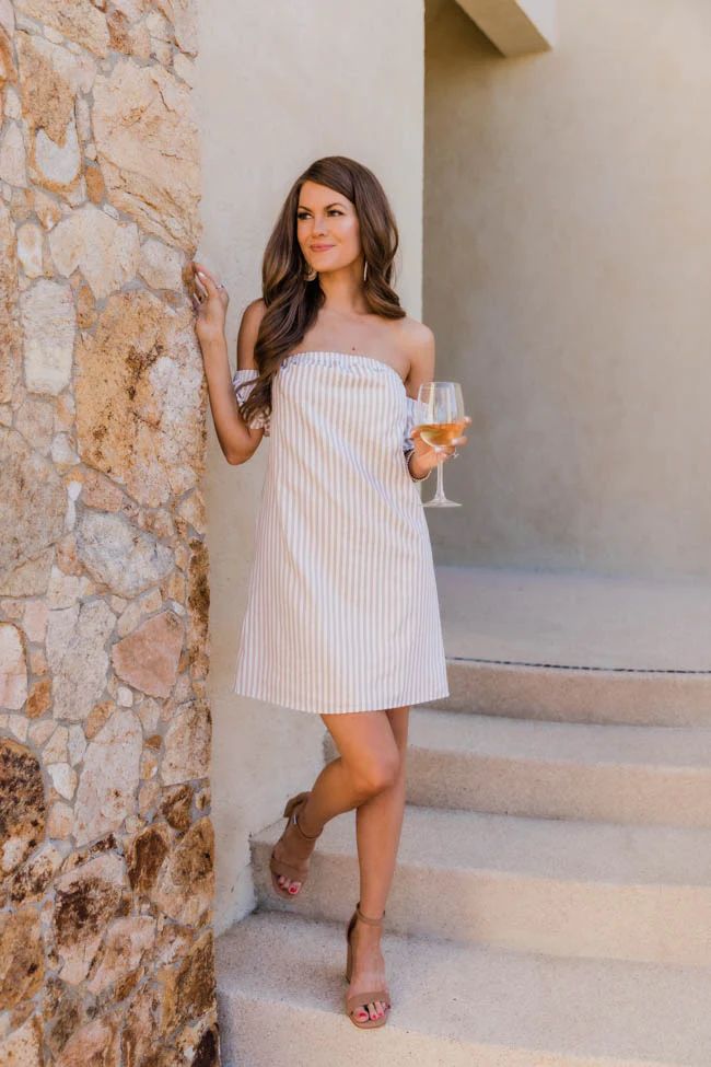 CAITLIN COVINGTON X PINK LILY The Tuscany Striped Off the Shoulder Tan Dress | The Pink Lily Boutique