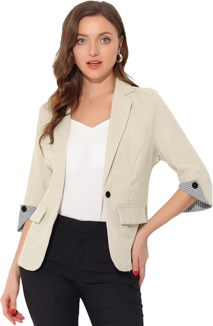Allegra K Women's Suit Jacket Notched Lapel Collar 3/4 Sleeve Button Front Work Formal Blazer | Amazon (US)