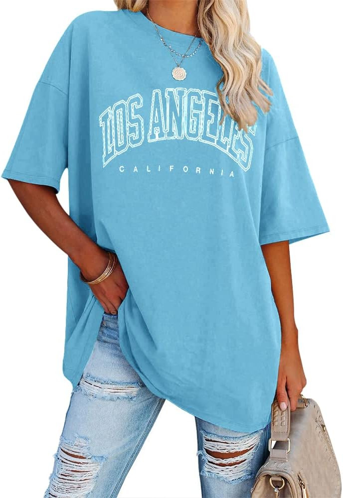 Fazortev Womens Oversized Los Angeles California Graphic T Shirts Half Sleeve Summer Loose Casual Te | Amazon (US)