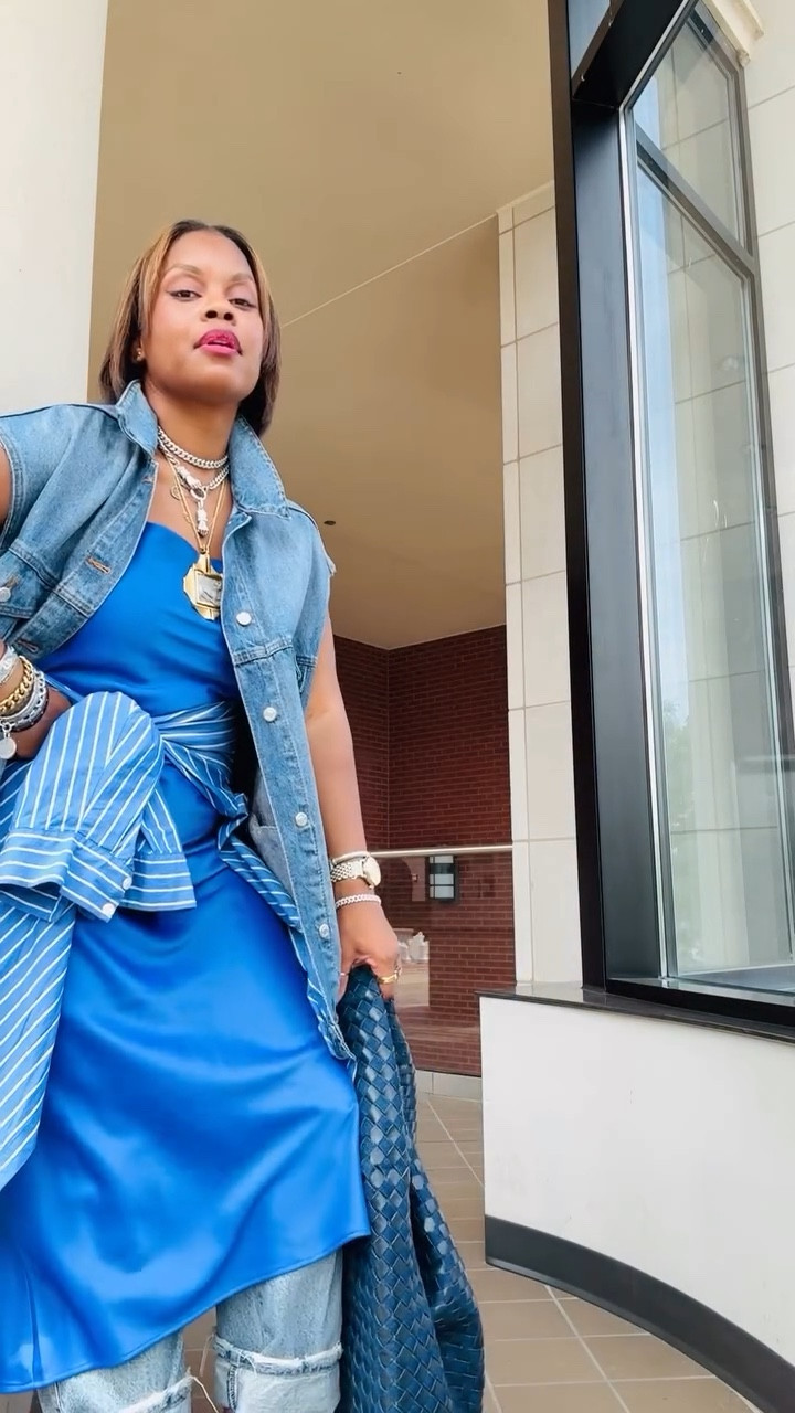 Hey girl! More blue today with a side of layering! 💙💙 Let me know what y’all think!
•
•
Style over 40, layering, satin dress style, blue style, denim vest