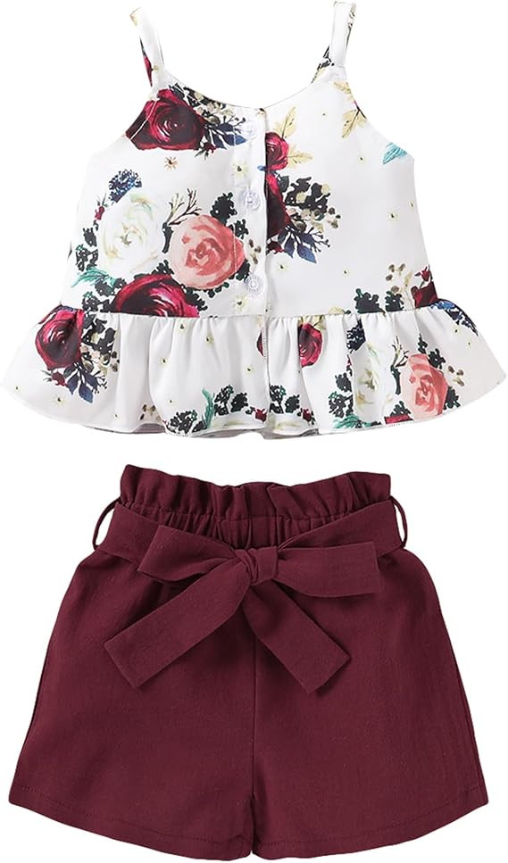 Kucnuzki Toddler Baby Girl Clothes Summer Outfits Ruffle Sleeveless Linen Shirt Kid Short Set for... | Amazon (US)
