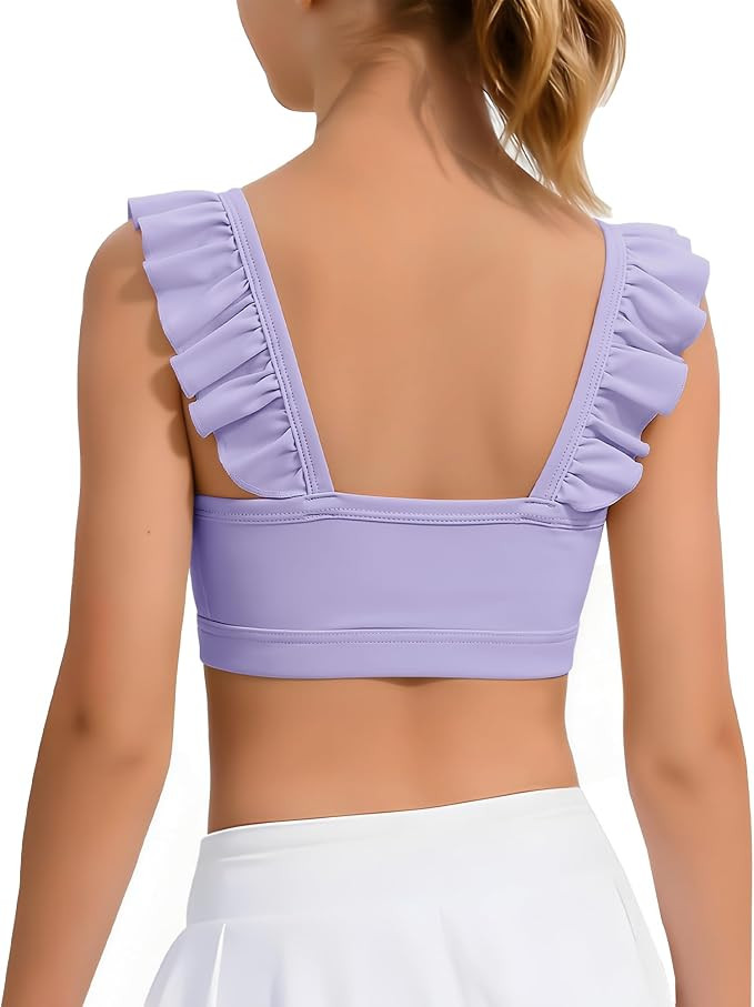 Girls Sports Bra Cute Ruffle Dance Top for Kids Square Neck Athletic Crop Tank Top 5-14 Years | Amazon (US)