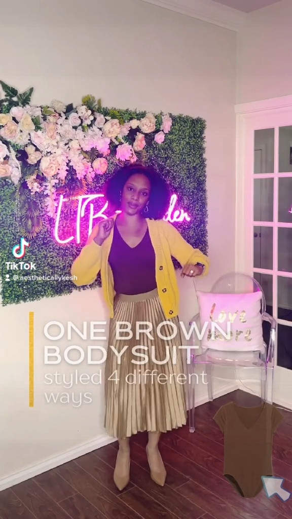 One bodysuit styled 4 different ways #bodysuit #pleatedskirt #goldskirt #brownbodysuit #oldnavystyle #chunkysweater #denimjacket #petitefashion #weartowork 

#LTKworkwear #LTKHoliday #LTKunder100